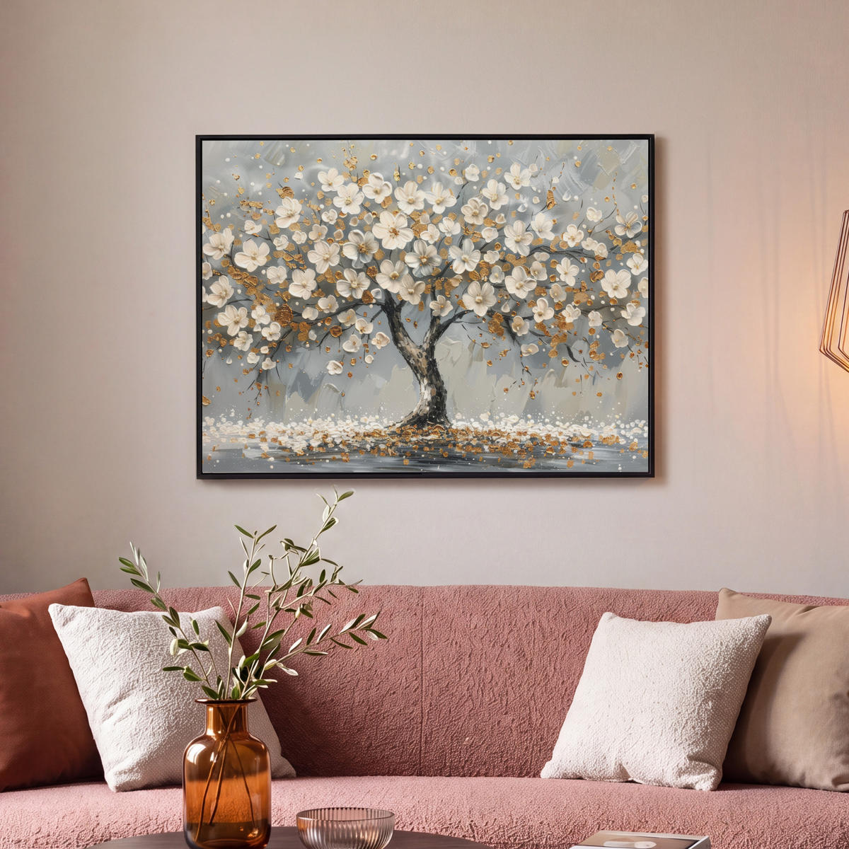 LEINWAND Bilder mit Rahmen - Baum - Blumen - Weiß - Natur - Kunst - 70x50 - Weiß, Textil (70/50cm) - MuchoWow