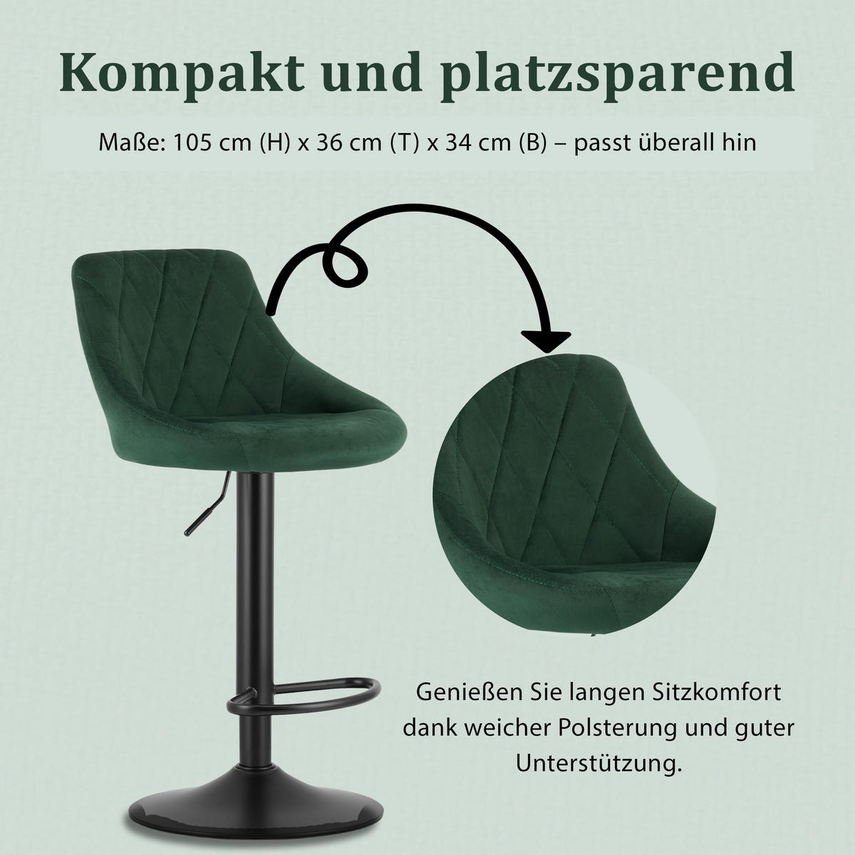 BARHOCKER, drehbar, HÖHENVERSTELLBAR, Velours, in Grau, Modernes Design - Grün, Textil (36/107/38cm) - Best For Home