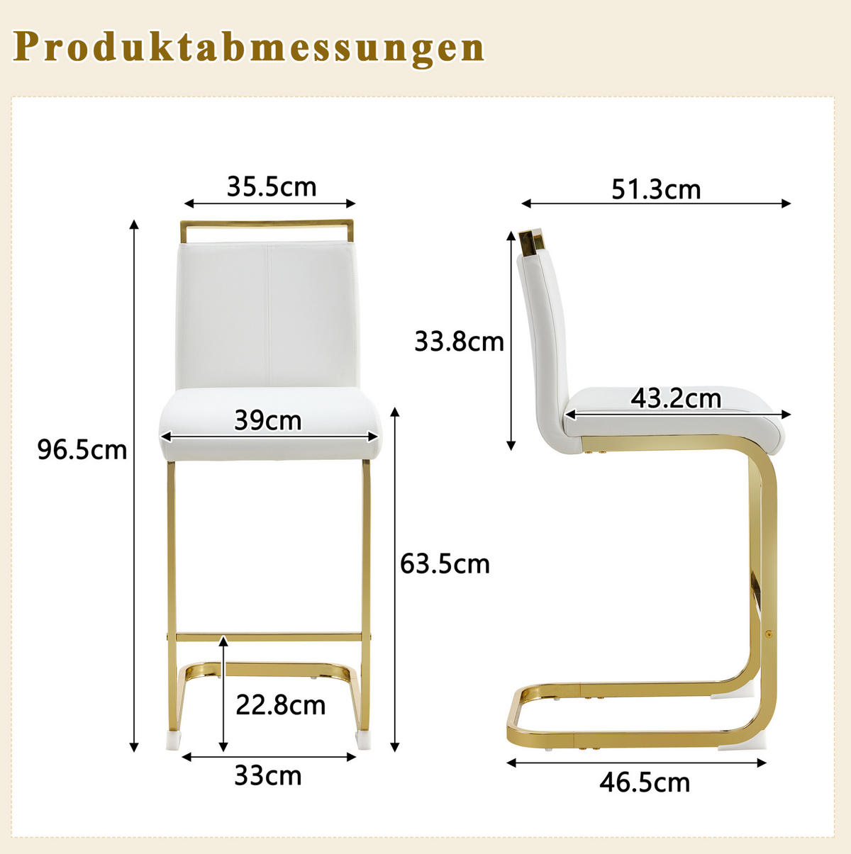 BARHOCKER 2er-Set 96,5 cm Metall/Kunstleder White+Gold - Weiß, Metall (46.5/96.5/39cm) - Meubliv