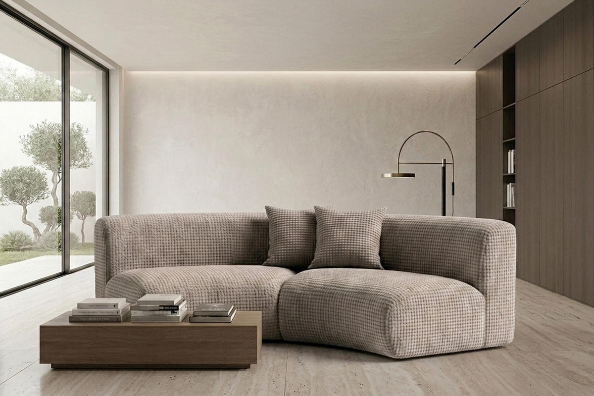 SOFA Round, Chenille-Stoff Cremona, Beige, GRETA - Beige, Holz (294/70/89cm) - Kaiser Möbel