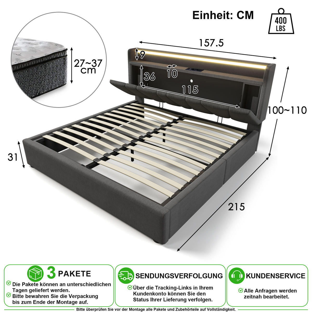 POLSTERBETT 140/200 cm in Grau Leinen mit Stauraum, LED und USB - Grau, Holzwerkstoff/Textil (140/200cm) - CHICFURN