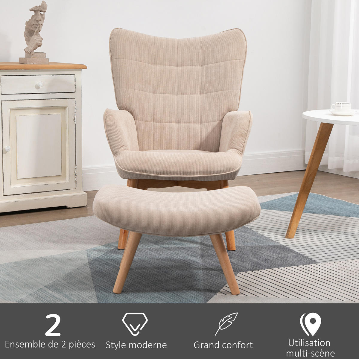 SESSEL mit Fusstütze DE-17398 Beige - Beige, Holz (80/101/72cm) - ComfortXL