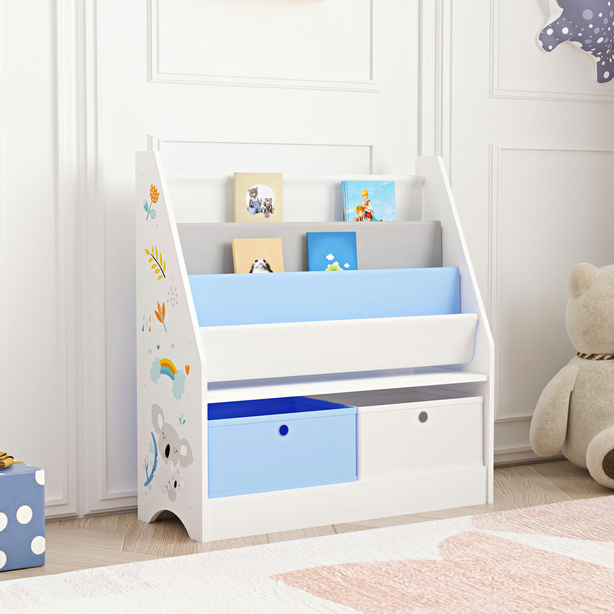 KINDERREGAL Neda - Blau/Weiß, Holzwerkstoff/Textil (71/74/23cm) - [en.casa]