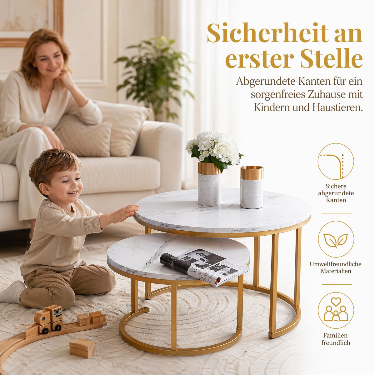 COUCHTISCH 2-TEILIGES SET Rund Weiß Marmoroptik Gold Metall Tisch - Weiß, Metall (80/33/45cm) - SHOPENTRA