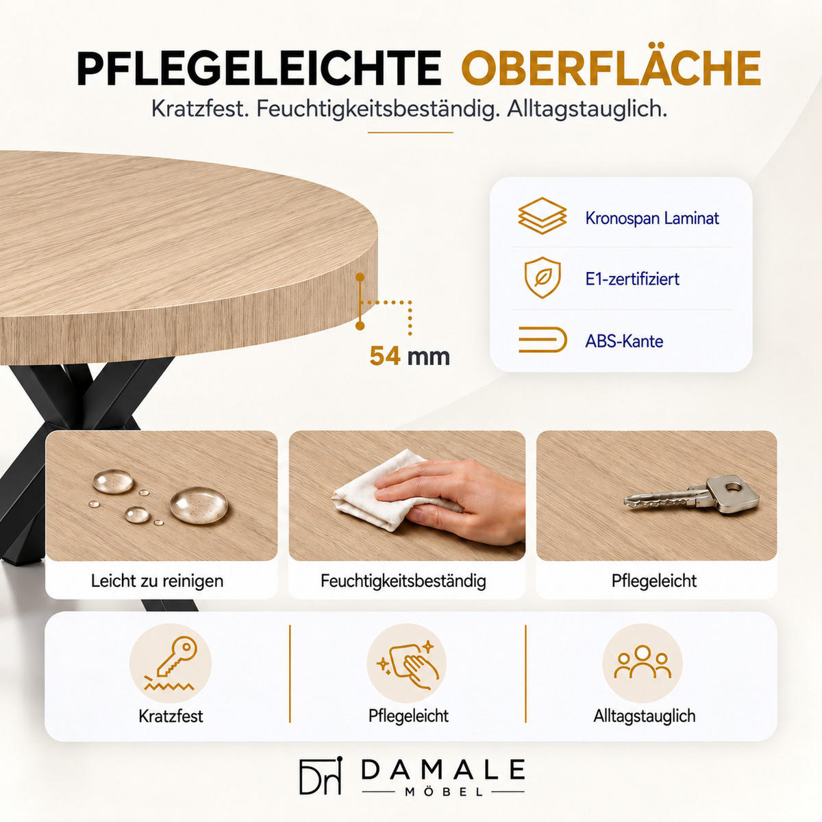 ESSTISCH rund ausziehbar 110/210/76 cm, Braun Hikora Egger Natur, 54 cm Tischplatte + X Metallbeine Schwarz - Eichefarben/Schwarz, Holzwerkstoff/Metall (110/210/76cm) - Damale Möbel