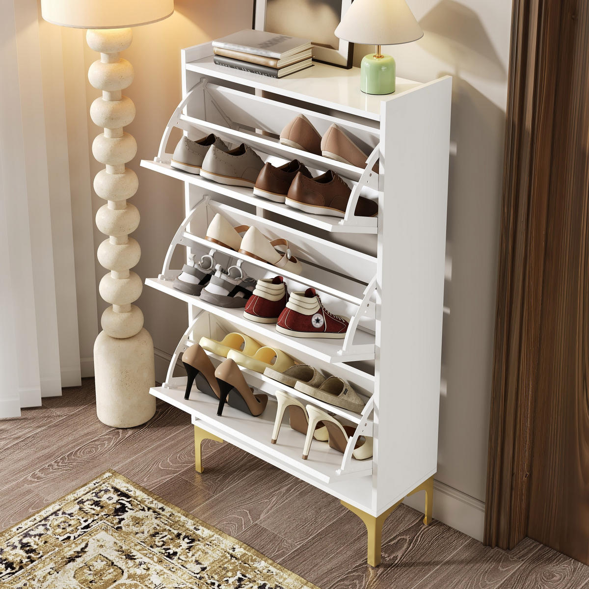 SCHUHSCHRANK in Weiß Schuhkommode mit 3-stöckigem Design, großem Stauraum und stabilen Metallfüßen, B63/T24/H120cm - Goldfarben/Weiß, Holzwerkstoff/Metall (63/120/24cm) - STILVORA