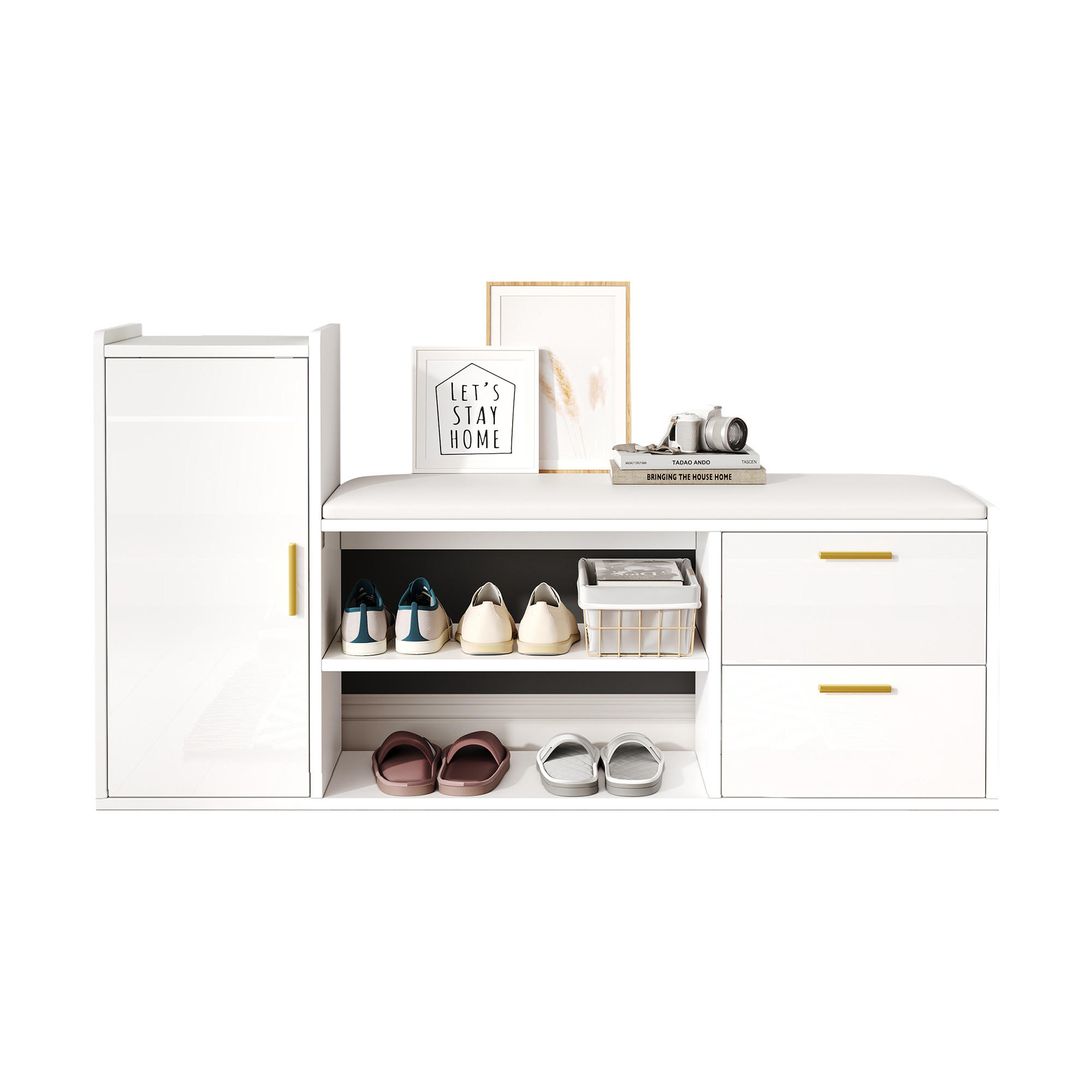 SCHUHSCHRANK mit Sitzbank 128/30/68 cm Weiß Hochglanz mit Schubladen Holzwerkstoff Flur modern - Weiß, Holzwerkstoff (128/68/30cm) - EVRYAE