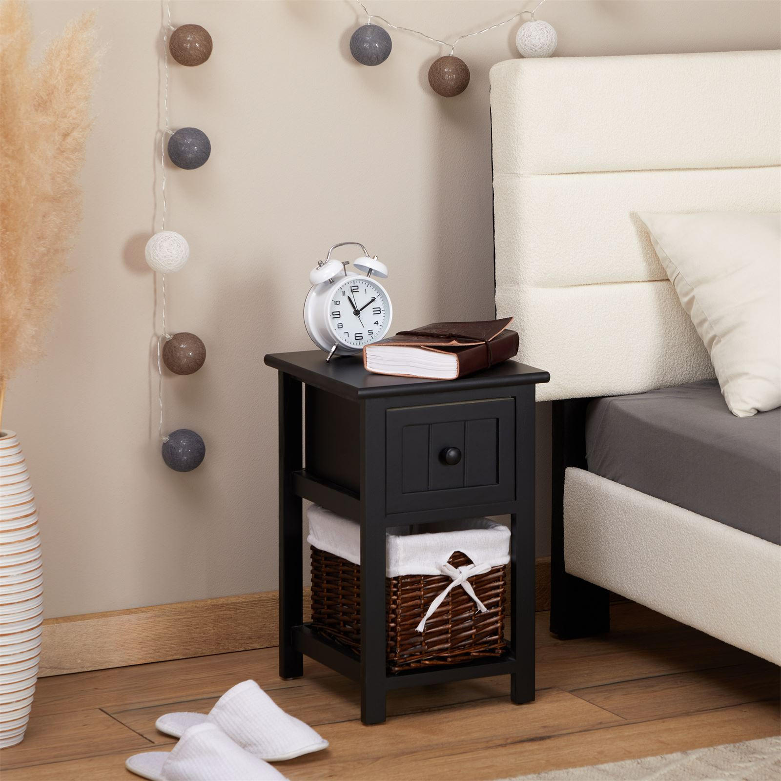 Thumbnail - CARO-Möbel Nachttisch, Schwarz, Holzwerkstoff, getrocknete Naturmaterialien, Vintage, 28x46x31 cm, Schlafzimmer, Nachtti...