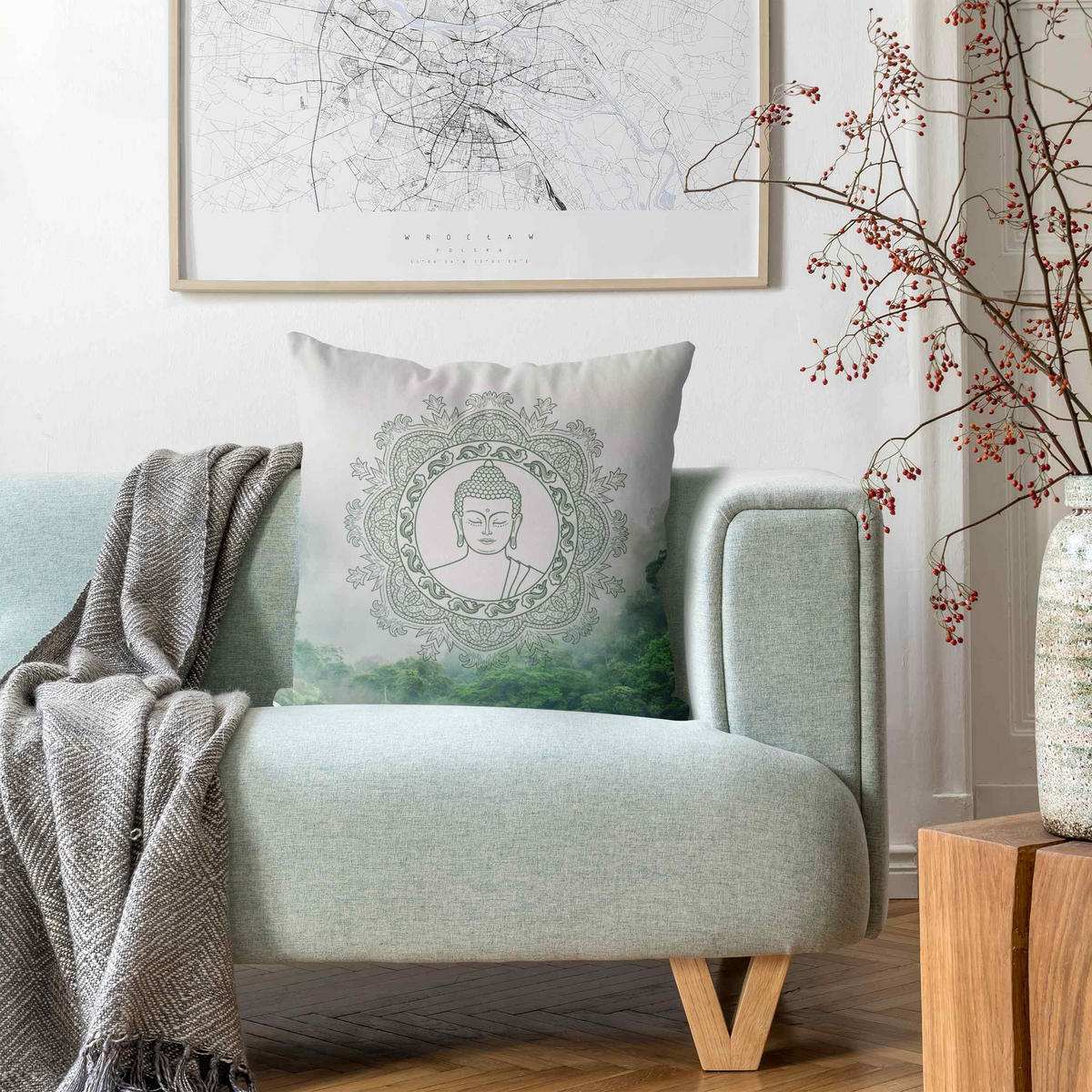 DEKOKISSEN Buddha Mandala im Nebel 50/50 cm - Grün, Textil (50/50/10cm) - Bilderwelten