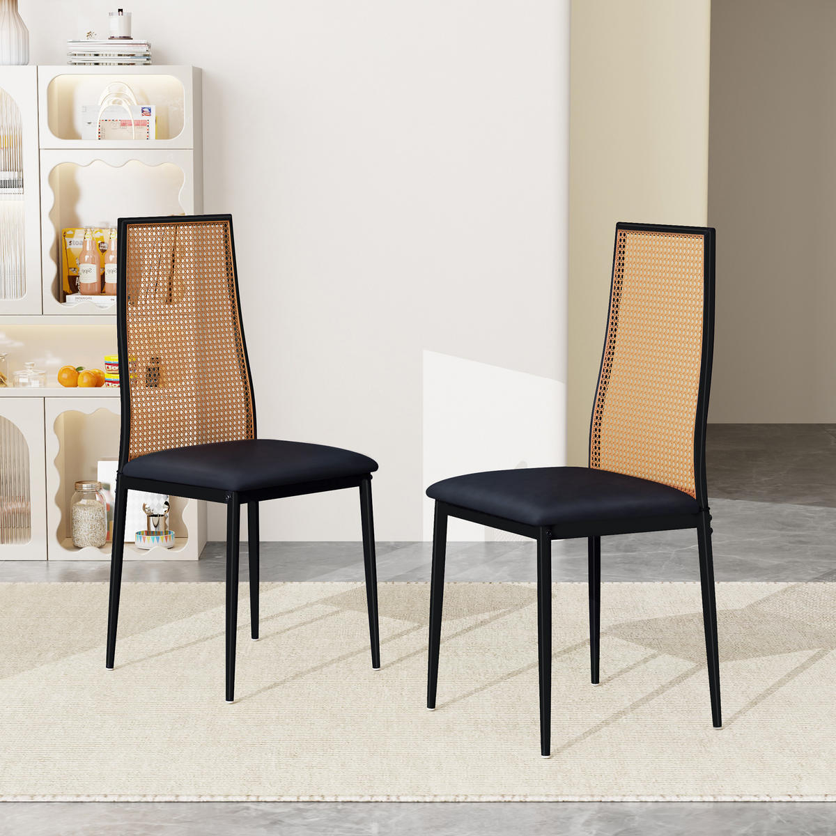 KÜCHENSTÜHLE 2er-Set mit Rattanlehne, Kunstleder & schwarzen Beinen - Schwarz, Holz (44/97.5/40cm)