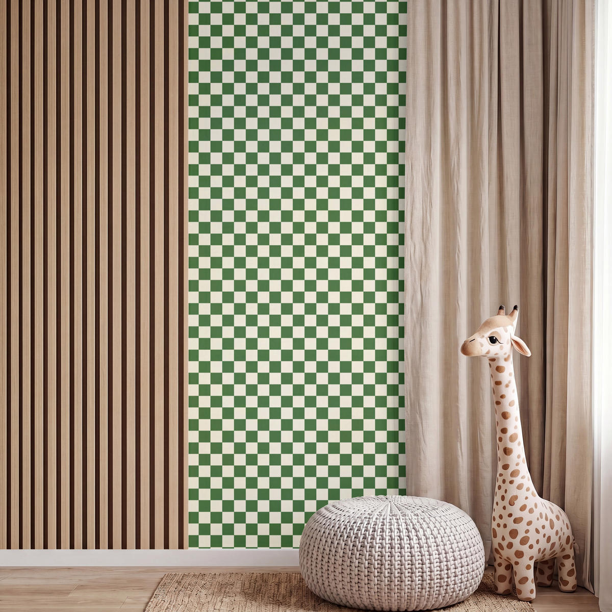 KINDERTAPETE - Schachbrett - Muster - Grün - 100x260 cm - Grün, Papier (100/260cm) - OnlyWow