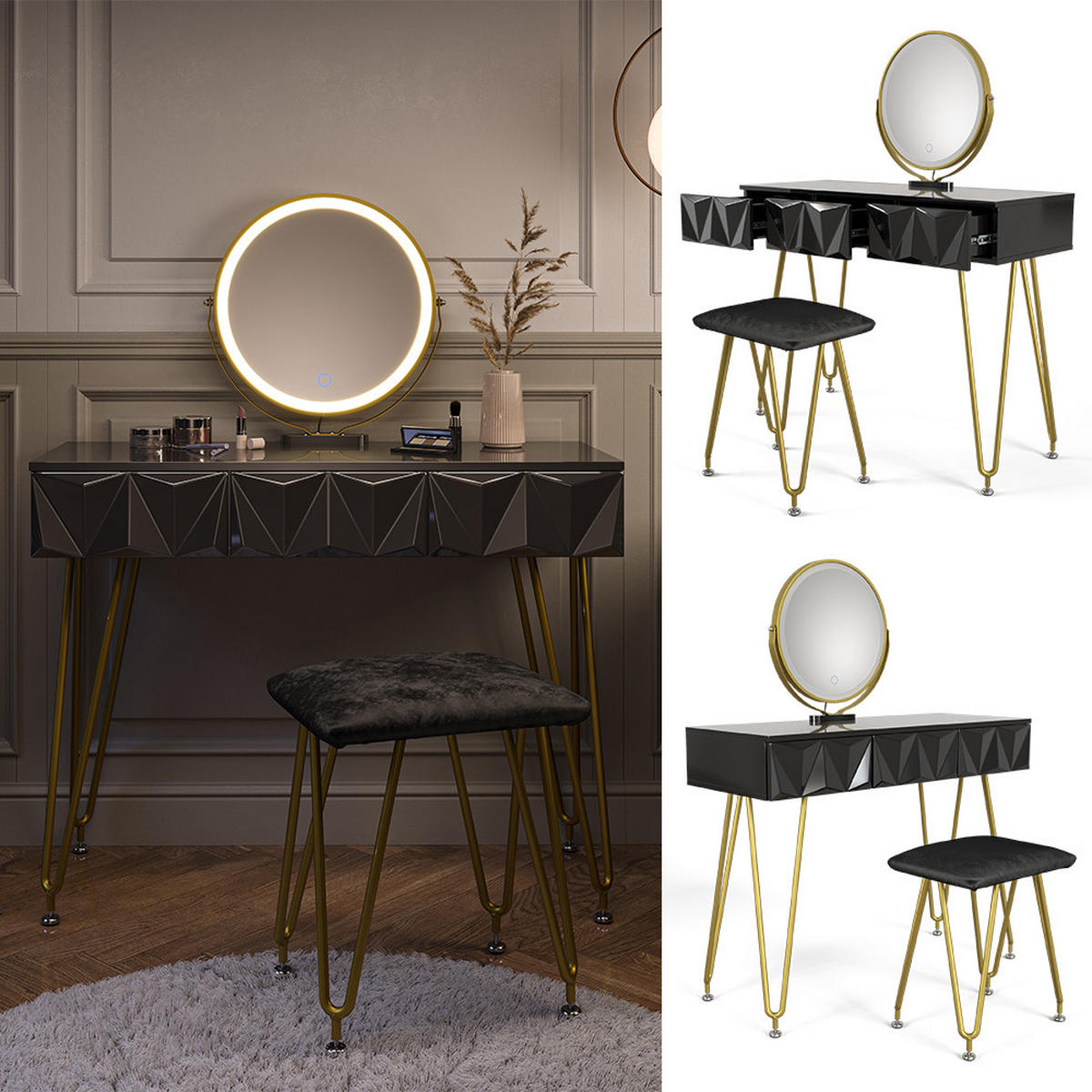 SCHMINKTISCH Ruby Schwarz 100 cm mit LED-Spiegel und Hocker - Schwarz, Holzwerkstoff (100/79/40cm) - Vicco