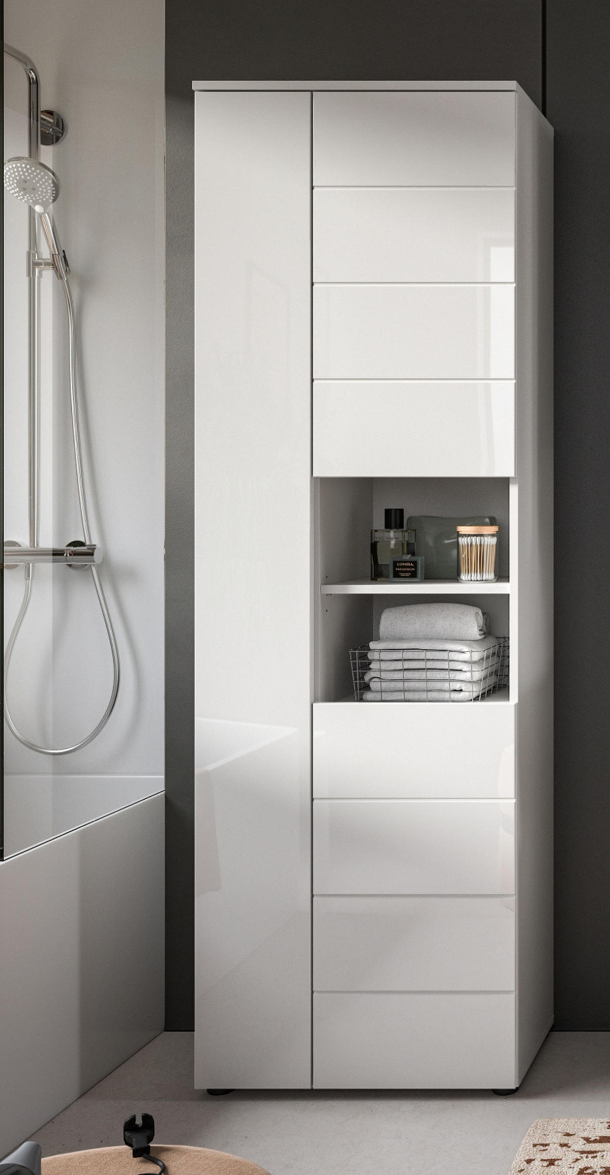 BADSCHRANK weiß Hochglanz 60 x 190 cm, Hochschrank mit 11 Fächern - Weiß Hochglanz/Schwarz, Holzwerkstoff/Kunststoff (60/190/34cm) - Inn.Furn
