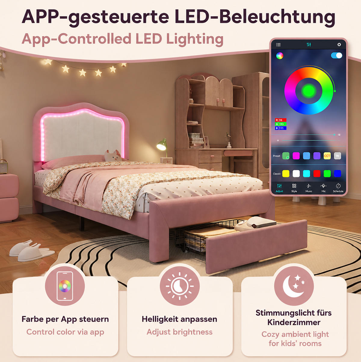 KINDER-POLSTERBETT aus Samt 90x200 cm Rosa mit Schublade und app-gesteuerter LED-Beleuchtung - Pink, Textil (90/200cm) - Modfu