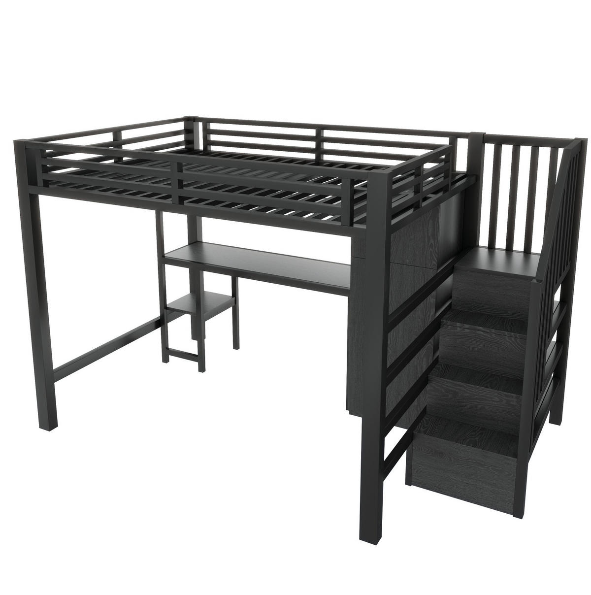 HOCHBETT 140/200 cm, Schwarz mit Schreibtisch, Regal und Kleiderschrank - Schwarz, Metall (140/200cm) - MIVRAY