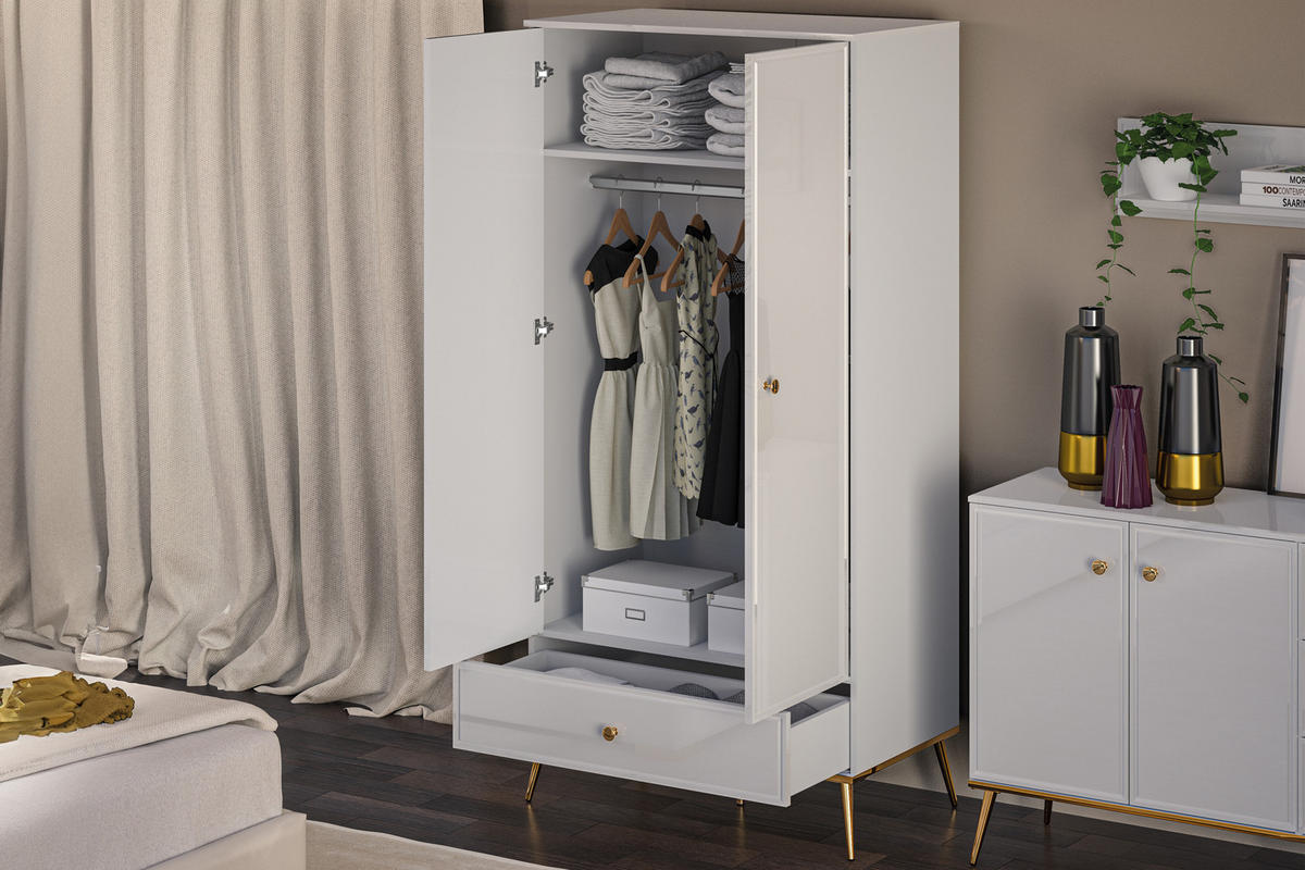 KLEIDERSCHRANK ISORIA mit Goldelementen, Glas Weiß - Goldfarben/Weiß, Holz/Metall (92/190/53cm) - KONSIMO®