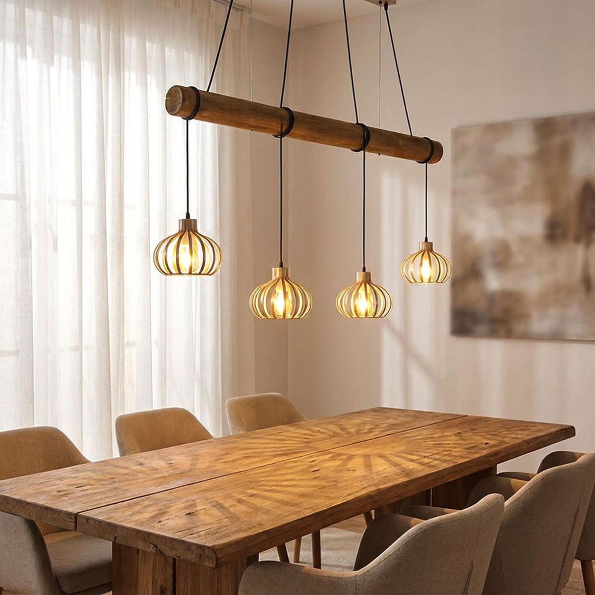 HÄNGELEUCHTE CALDWELL, Metall, Holz, Braun, höhenverstellbar - Braun, Holz (125/20/150cm) - Globo Lighting