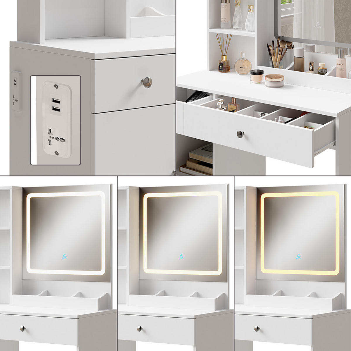 SCHMINKTISCH Silvia Weiß 90 cm mit LED-Spiegel - Weiß, Holzwerkstoff (90/139.5/40cm) - Vicco