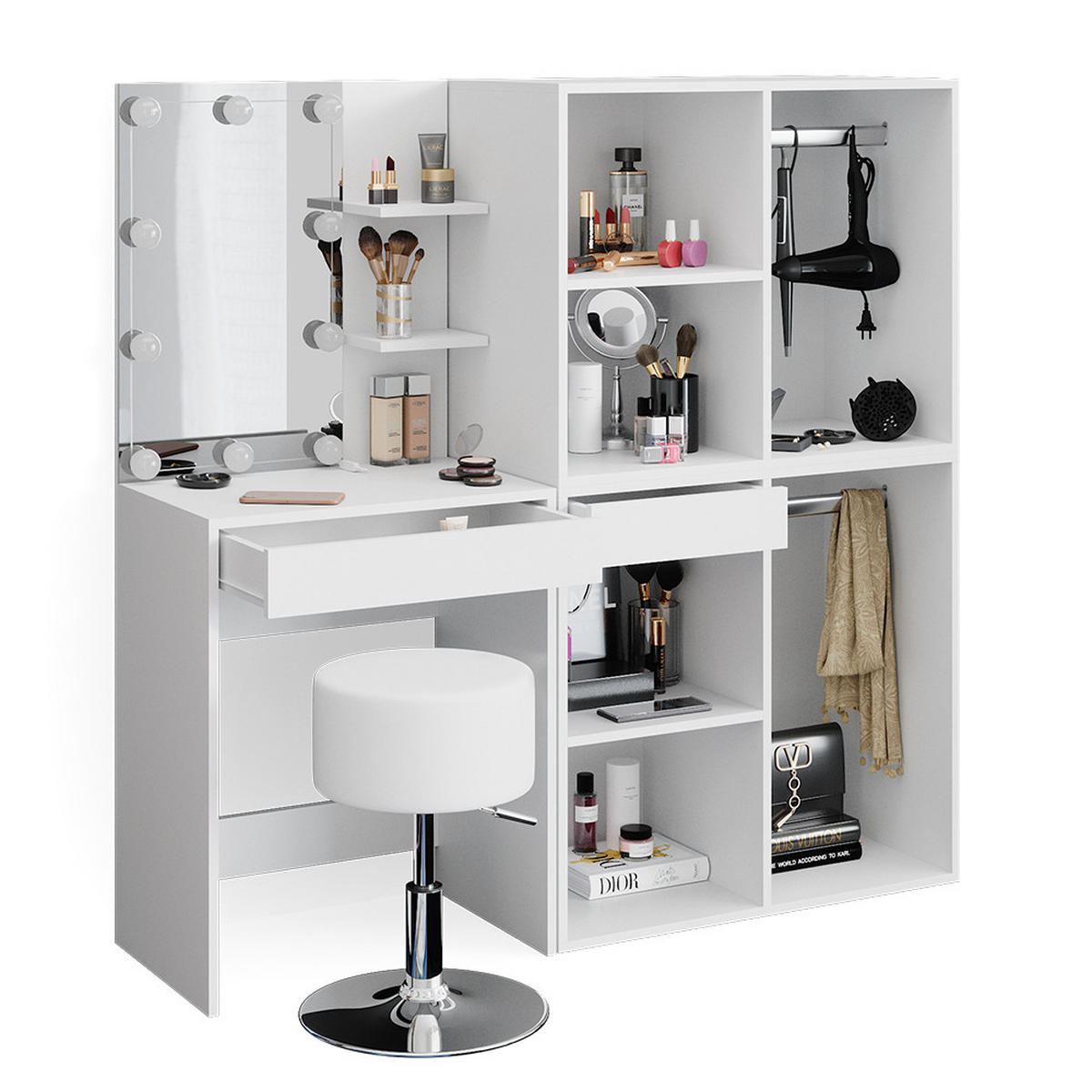 SCHMINKTISCH Isabelle Weiß 60 cm mit LED, Hocker und Schränken - Weiß, Holzwerkstoff (60/140/40cm) - Vicco