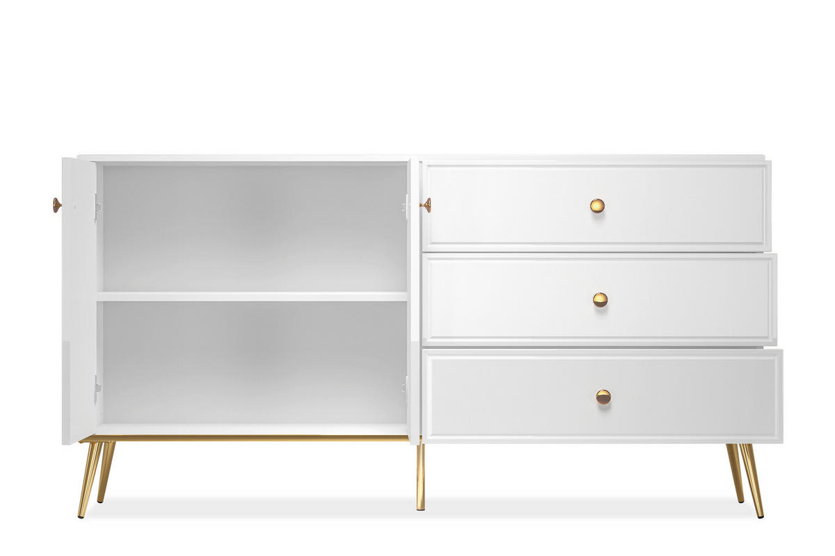 KOMMODE ISORIA viel Stauraum, Glas Weiß - Goldfarben/Weiß, Holz/Metall (160/85/40cm) - KONSIMO®