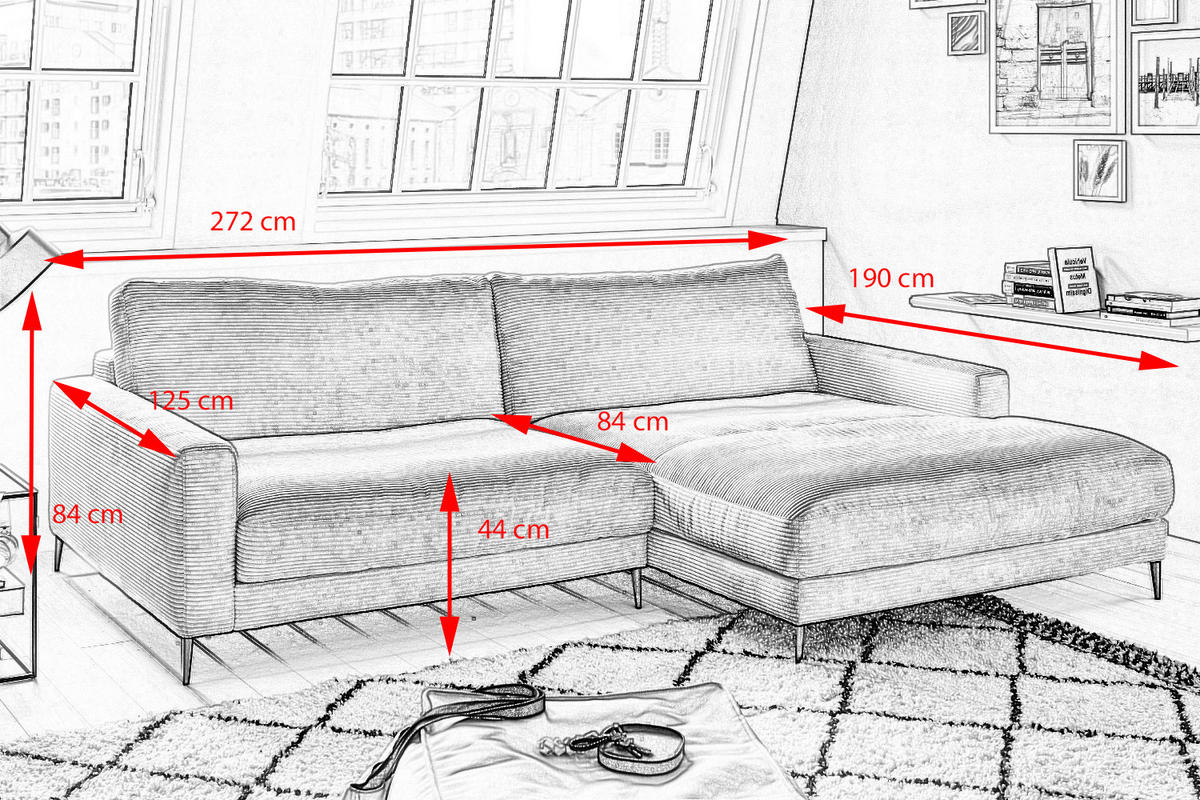 ECKSOFA CARA Braun Cord - Dunkelbraun/Schwarz, Textil/Metall (272/190cm) - KAWOLA