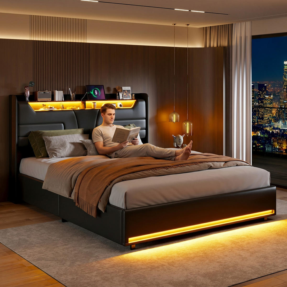 POLSTERBETT 160/200 cm schwarz mit Stauraum, LED und USB - Schwarz, Holz - SHOPENTRA