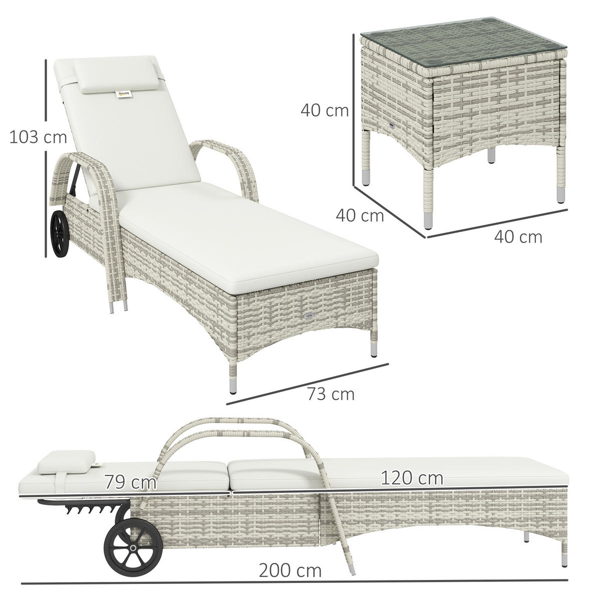 SONNENLIEGE-SET DE-13617 2 Stück mit Tisch & Rollen Creme - Creme, Kunststoff/Metall (73/103/200cm) - ComfortXL