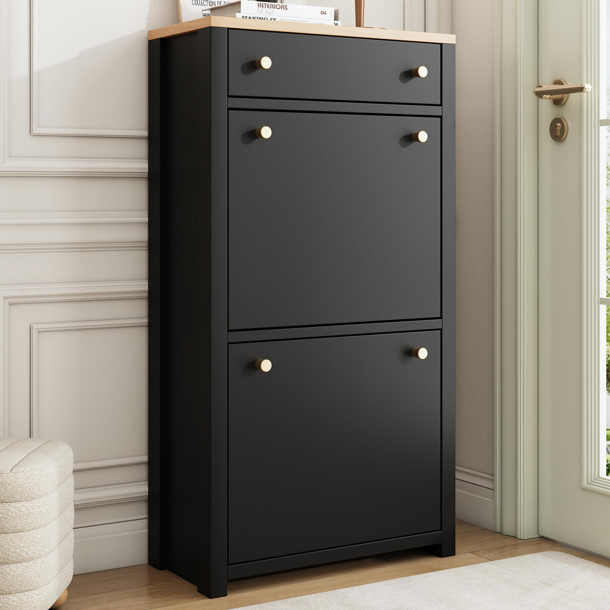 SCHUHSCHRANK Schwarz Holzoptik 2 Klappen Schublade Modern - Schwarz, Holzwerkstoff (50/95/25cm) - FLIEKS