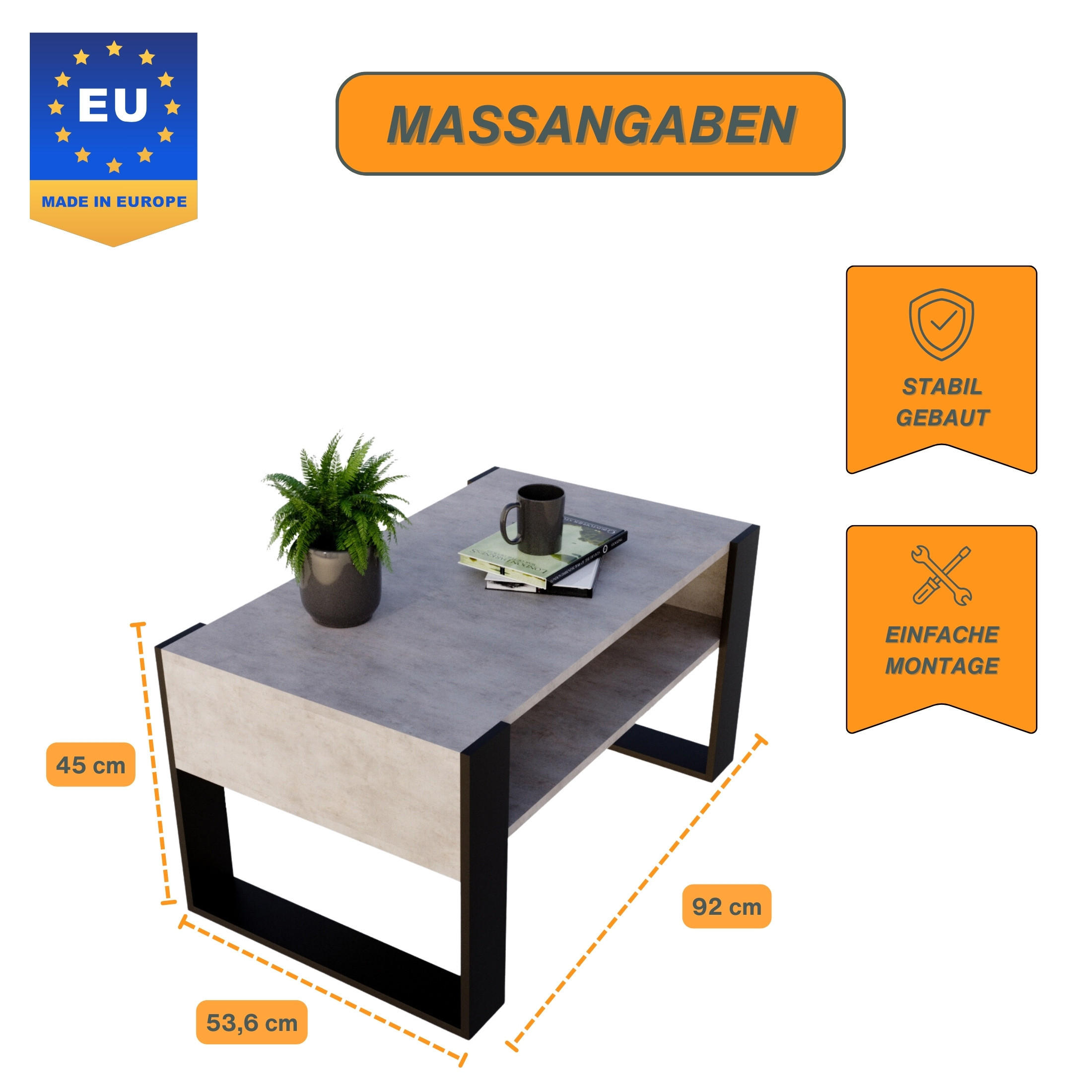 COUCHTISCH Holzwerkstoff rechteckig stabil Grau 45/53,6/92cm - Schwarz/Grau, Holzwerkstoff (53.6/92/45cm) - CraftPAK