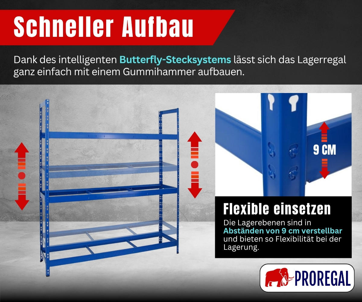 REIFENREGAL Tiger XL 200x180x45 cm 300 kg Fachlast bis zu 21 Reifen auf 3 Ebenen Blau - Blau, Metall (180/200/45cm) - PROREGAL