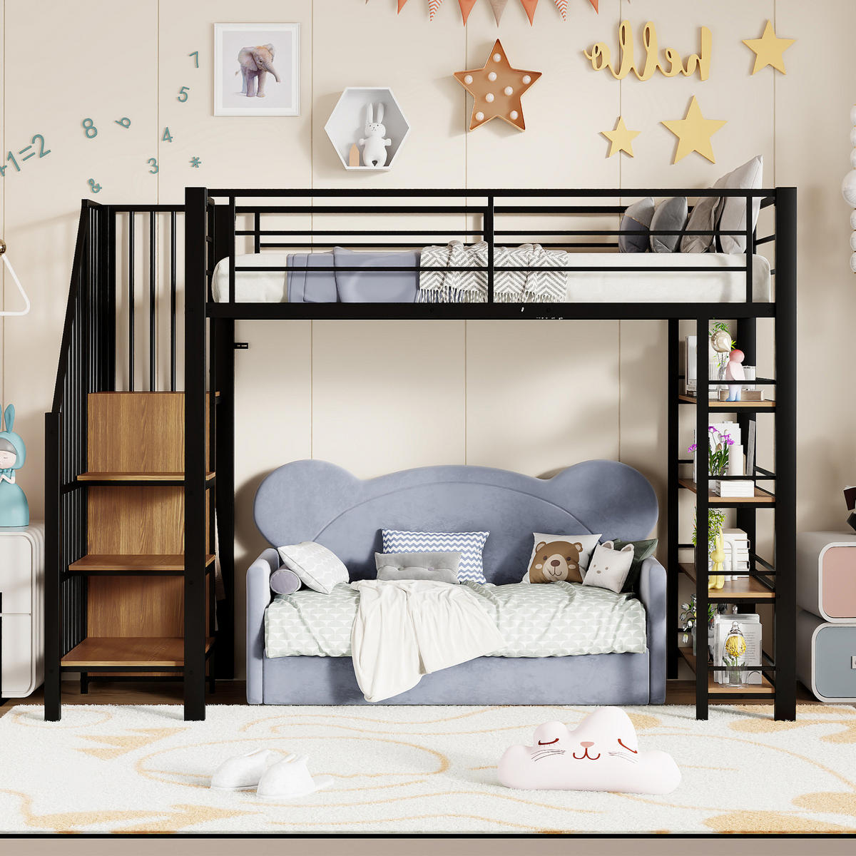HOCHBETT aus Metall und MDF 90x200 cm Schwarz mit Treppe, Stauraum, Kleiderschrank und hohem Schutzgitter - Schwarz, Metall (140/200cm) - Modfu
