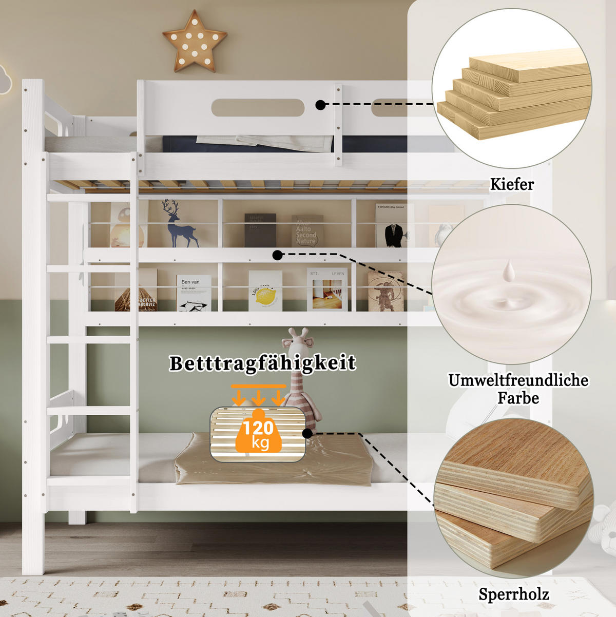 ETAGENBETT 90/200 cm aus Kiefernholz und MDF mit 5-stufiger Leiter, offenem Regal und Fallschutz, Weiß/Natur - Weiß, Holz (90/200cm) - Redom
