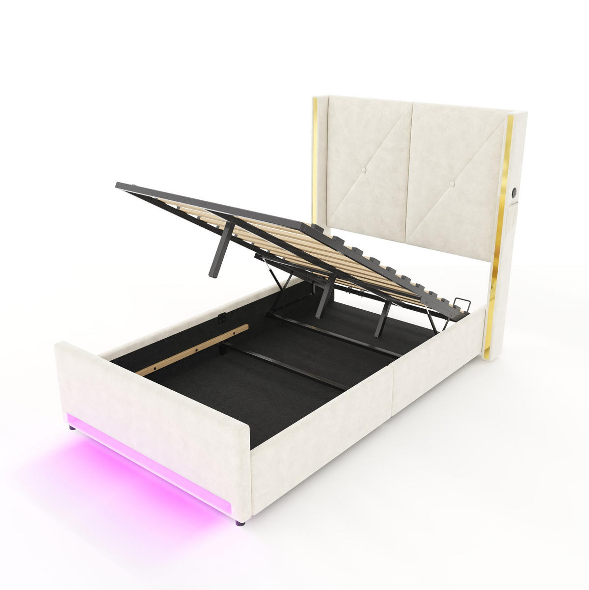POLSTERBETT 90/200 cm mit USB, Type-C, LED und hydraulischem Bettkasten, Samt mit Seitentaschen, Beige - Beige, Textil (90/200cm) - Redom