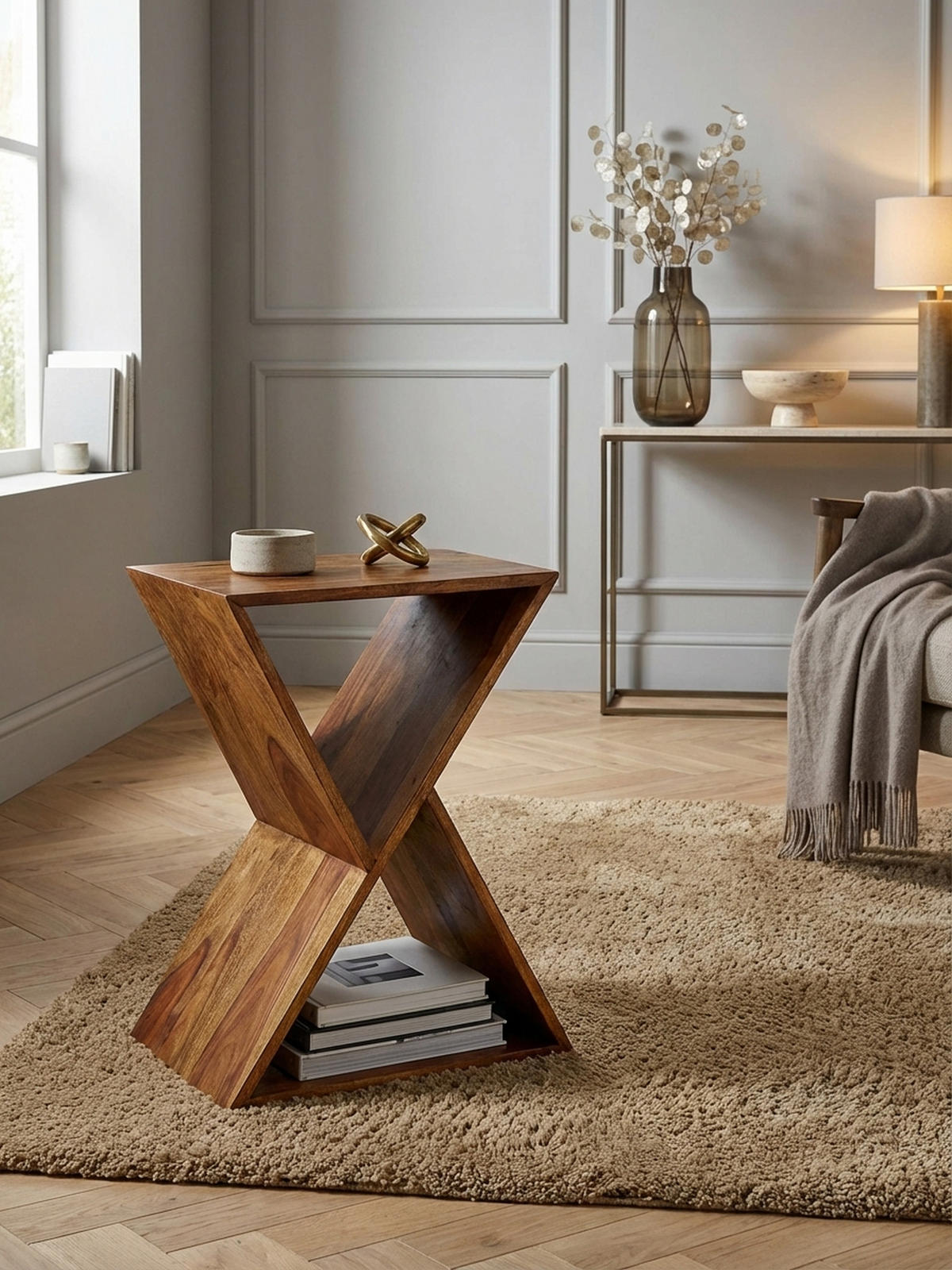 BEISTELLTISCH – Massivholz Braun X-Gestell mit 2 Ablagen - Braun, Holz (30/43/60cm) - KADIMA DESIGN