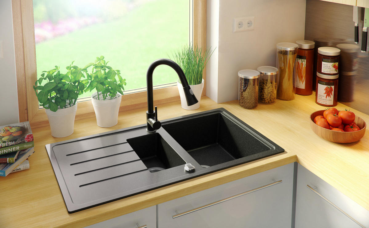 SPÜLBECKEN Kopenhagen Duo, 2-er set Anthrazit 90/50 cm 1,5 Becken + Ablauf-Set ab 60er Unterschrank - Chromfarben/Anthrazit, Kunststoff (90/19/50cm) - Primagran