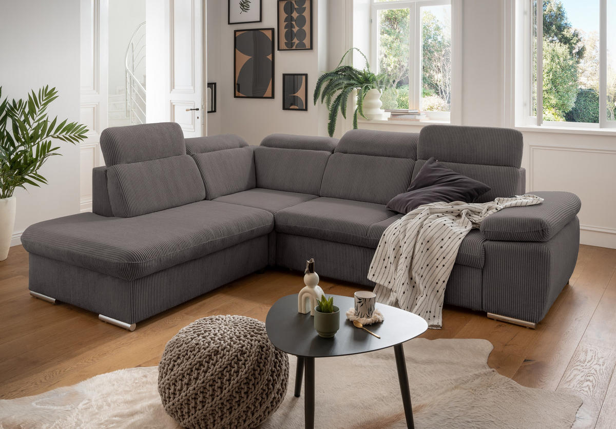 ECKSOFA mit Schlaffunktion, Bettkasten, Kopfstützen verstellbar, Wellenunterfederung, Ottomane links B283/T228/H102 cm, Cord Grau Anthrazit / 17219 - Chromfarben/Schieferfarben, Textil/Metall (283/228cm) - luma-home
