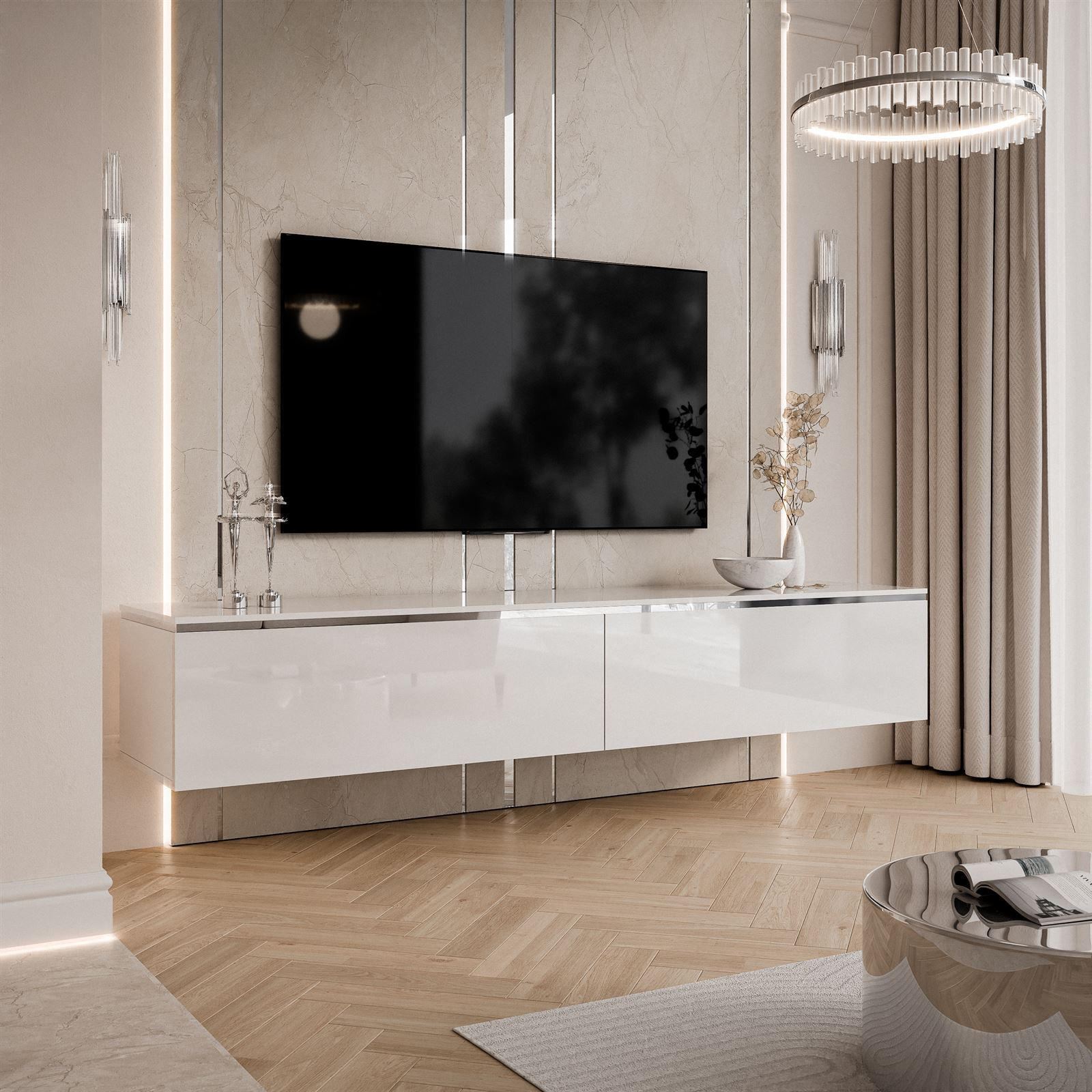 TV-SCHRANK AURORA SILVER 180 cm – hängend - Weiß Hochglanz, Holzwerkstoff (180/32/40cm) - Lookway