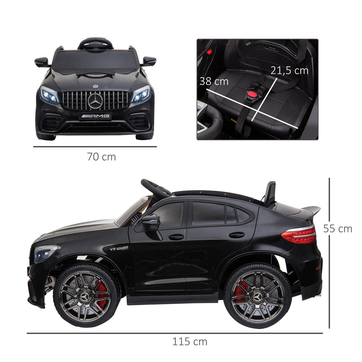 KINDER ELEKTROAUTO, Schwarz/Weiß, PP+ Metall - Schwarz, Kunststoff (115/70/55cm) - HOMCOM