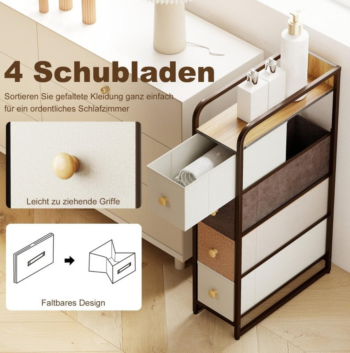 KOMMODE aus Vliesstoff und Stahl 47x20x84,5 cm Multicolor mit 4 Schubladen, schmal und platzsparend - Multicolor, Textil (20/84.5/47cm) - Modfu