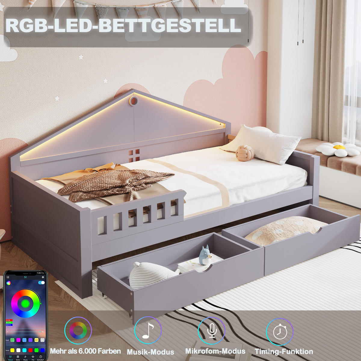 BETT mit 2 Schubladen und LED-Beleuchtung 90x200 cm Grau - Grau, Holzwerkstoff (90/200cm) - Beauniv