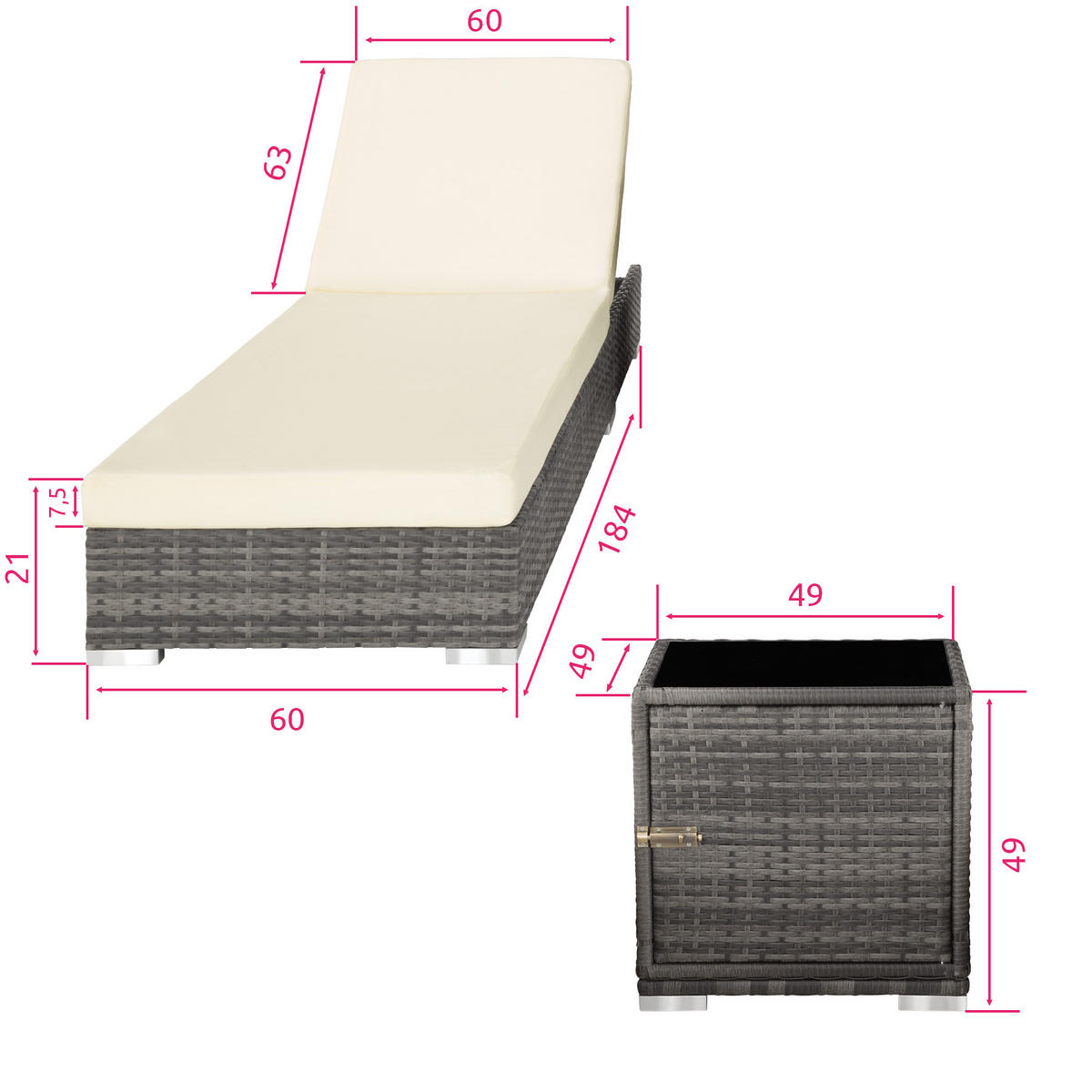 RATTAN-SONNENLIEGEN 2er Set ,wetterfest und UV-beständig,grau - Grau, Kunststoff (60/21/184cm) - tectake