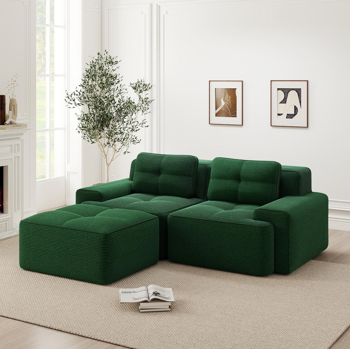ECKSOFA aus Cord in Grün mit Tiefsitz - Grün, Textil (177/204cm) - Modfu