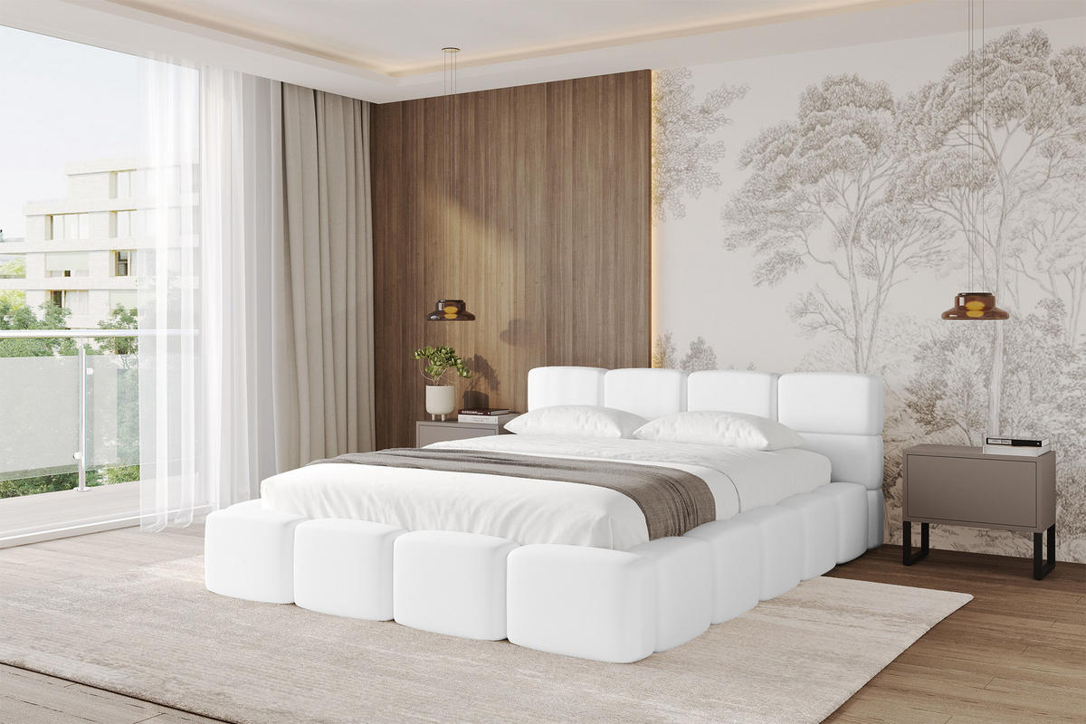 POLSTERBETT mit Bettkasten und Lattenrost, Bett mit Matratze H3/H4, Kopfteil, Boxbett, Doppelbett mit Stauraum - NATA-v1 200x200 Weiß - Weiß, Holzwerkstoff/Textil (200/200cm) - ALTDECOR