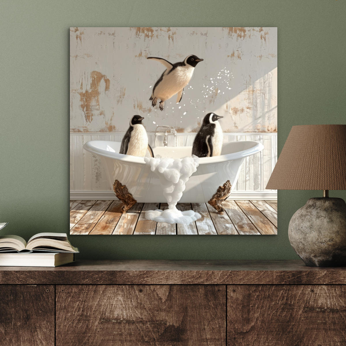 KOVOVÝ OBRAZ Vintage - Tučniak - Vaňa - Pena 50x50 cm - čierna, kov (50/50cm) - MuchoWow