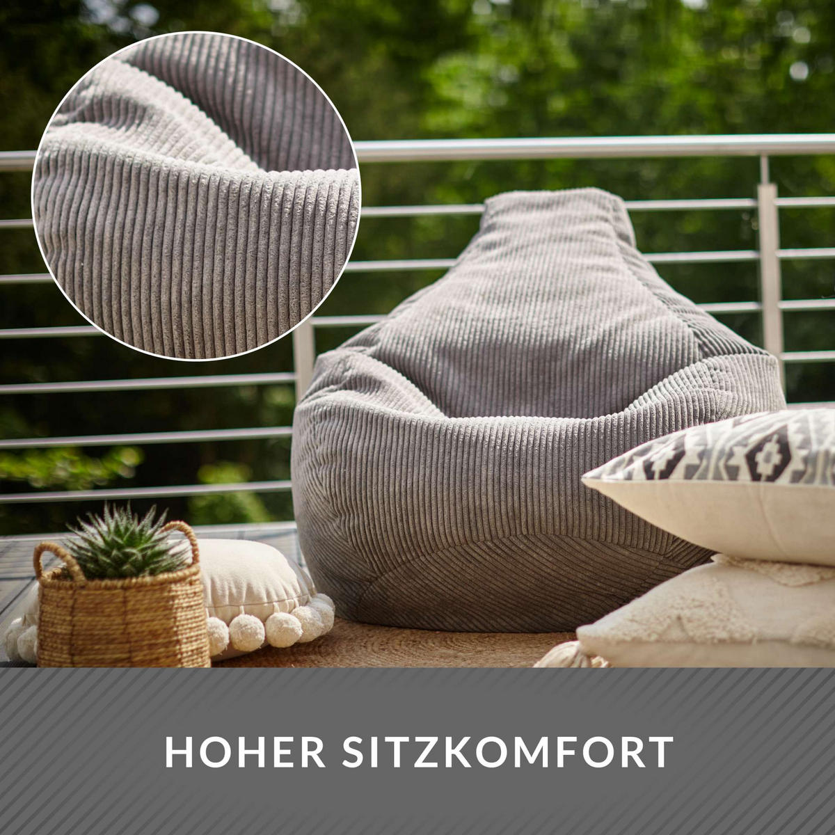 SITZSACK MIT RÜCKENLEHNE Cozy Cord - Hellgrau, Textil (80/90/90cm) - Green Bean
