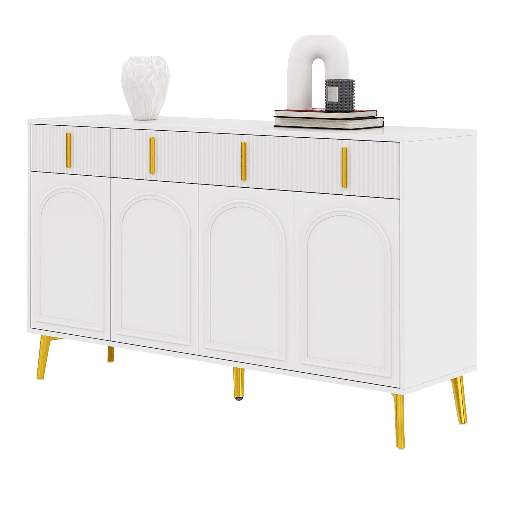 KOMMODE aus MDF 140x38x82cm in Weiß mit 4 Türen & 4 Schubladen - Weiß, Holzwerkstoff (140/82/38cm) - Modfu