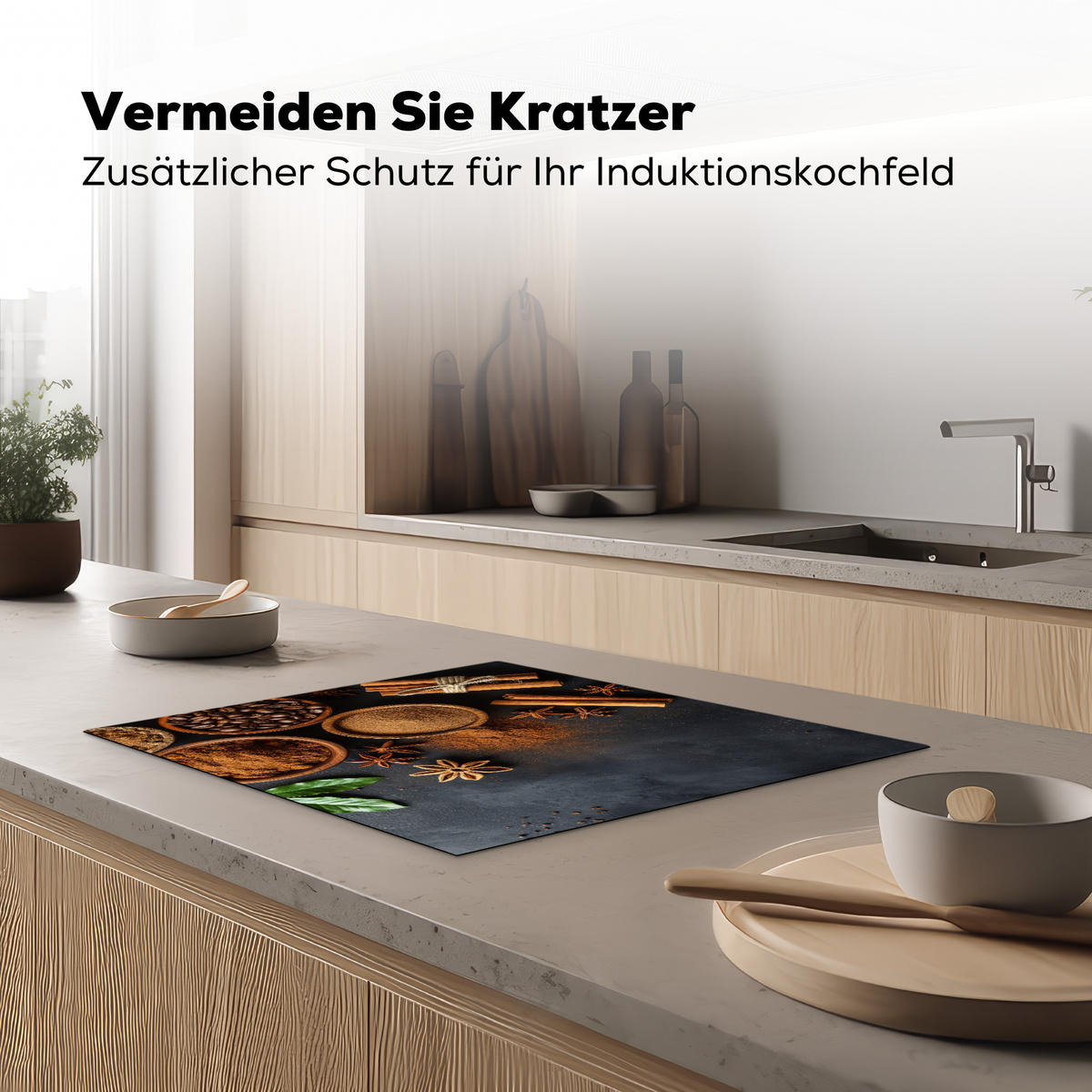 HERDABDECKPLATTE Zimt - Beton - Kaffee - Zimtstangen - Gewürze Herdabdeckung Induktionsfeld 65x52 cm - Mokka, Kunststoff (65/52/0.2cm) - MuchoWow