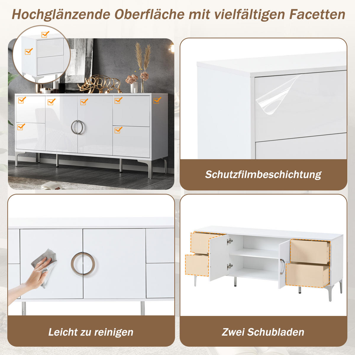 SIDEBOARD Weiß MDF 4 Schubladen 2 Türen 150x38x59.5cm Hochglanz - Weiß, Holzwerkstoff (38/59.5/150cm) - FLIEKS