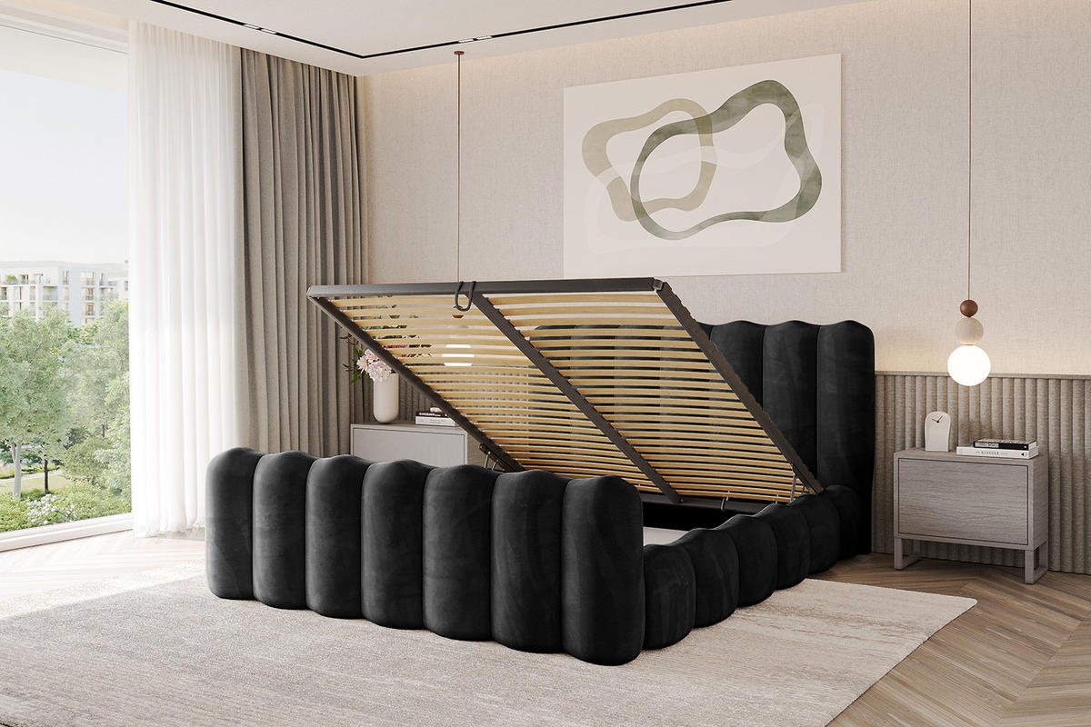 POLSTERBETT mit Bettkasten, Fußteil und Lattenrost, Boxbett ohne Matratze - SORA-Z 180x200 Schwarz - Schwarz, Holzwerkstoff/Textil (180/200cm) - ALTDECOR