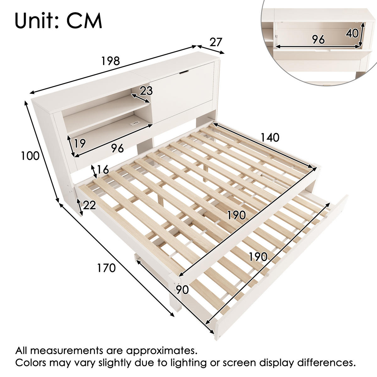 POLSTERBETT 140/190 cm mit Ausziehbett 90/190 cm, USB-Ladestation und Stauraum-Rückwand, Weiß - Weiß, Textil (140/190cm) - Redom
